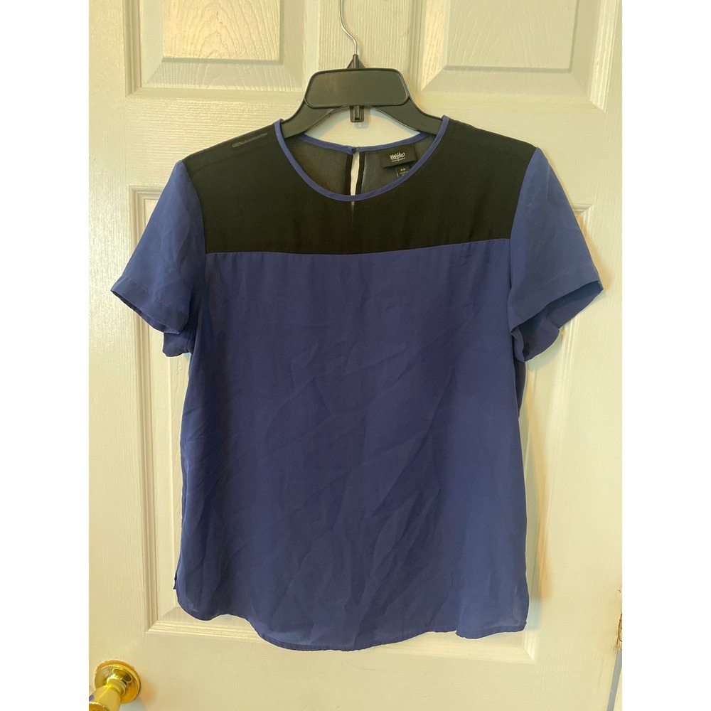 Mossimo Womens Blue Black Colorblock Mesh Yoke Short Sleeve Blouse Size‎ Medium